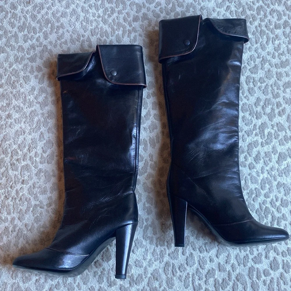 NWOB Claudia Ciuti Italian-Made Over-the-Knee Black Leather Heeled Boots, size 7